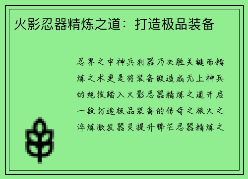 火影忍器精炼之道：打造极品装备